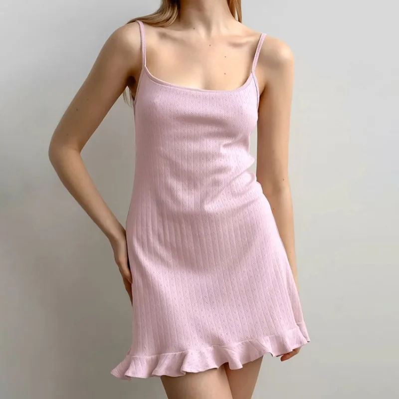 

Women Comfortable Breathable Nightdress Summer Casual Home Clothes Female Ruffle Hem Nightgown Solid Color Lady Sexy Sleepwear