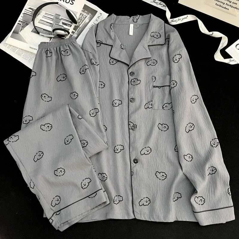 Casual Dog Print Men's Pajamas Big Size Basic Long Sleeve Trousers Oversized Men's Sleepwear 2026 Autumn Winter New Pajamas Set
