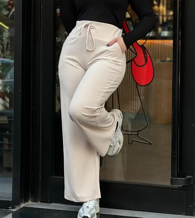 

Women's Pants 2025 Spring Autumn New Solid Color High Waist Drawstring Elastic Waist Casual Pocket Design Wide Leg Pants