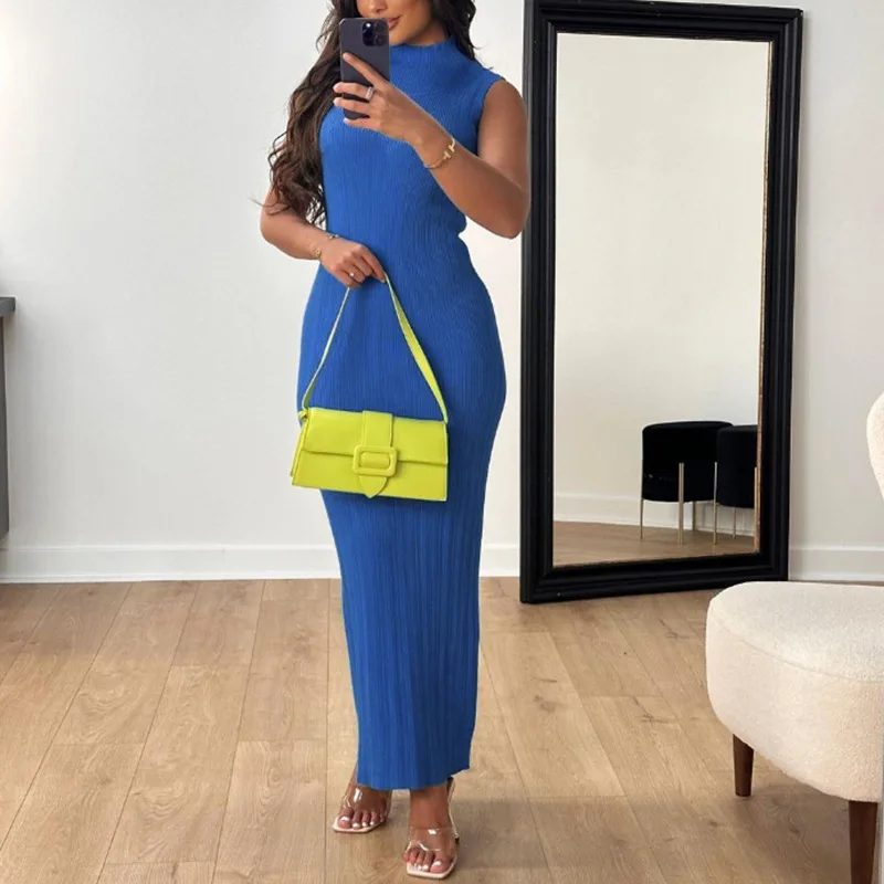 Dress Women Long Dresses Round Neck Sleeveless Vest Bodycon Knitted Elegant High Waist Slim Party Club Knit Vestidos Casual