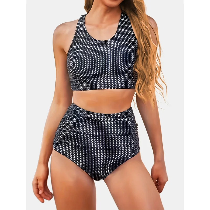 Maiô conservador de duas peças para mulheres, roupa de banho tankini xadrez, novo maiô de duas peças sem costas