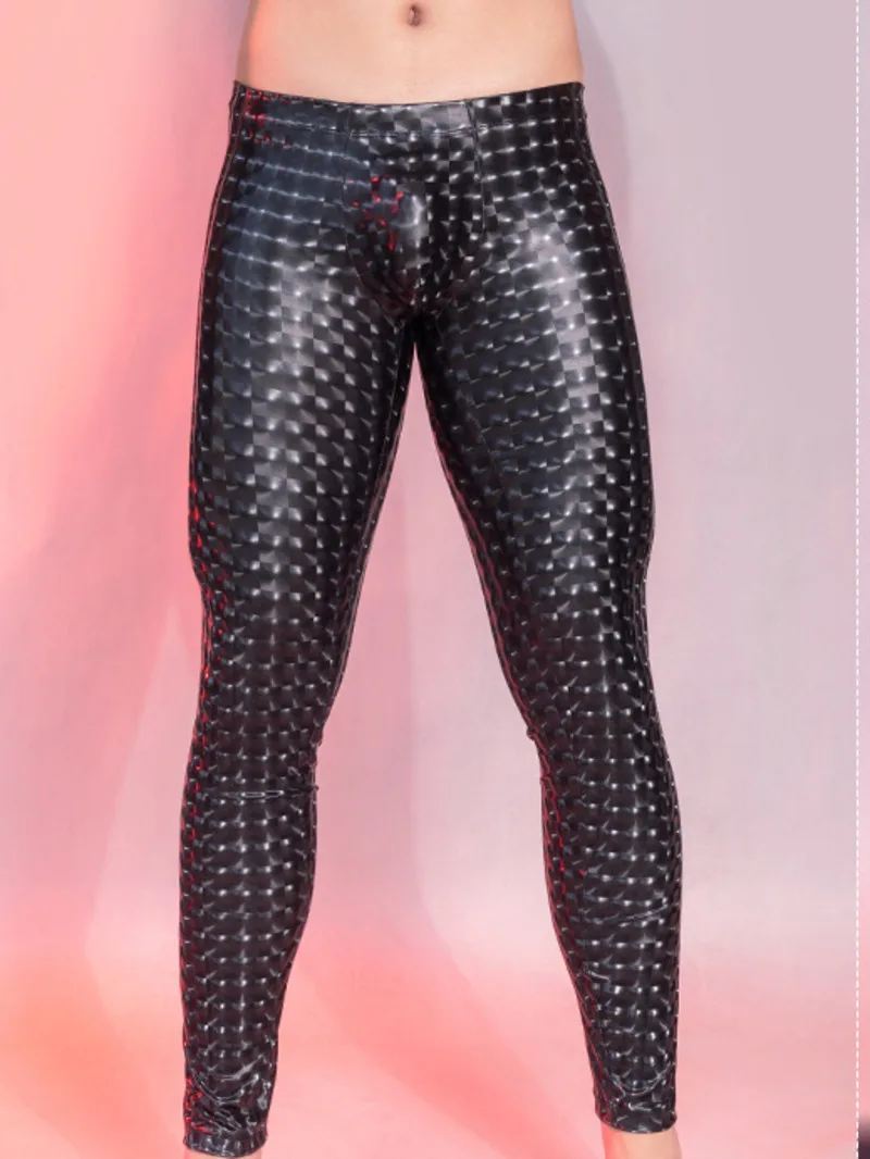 

2024 New Sexy Mid Waisted PU Embossed Imitation Leather Leopard Print Casual Pants Men's High Elastic Slim Versatile Pants KM9P