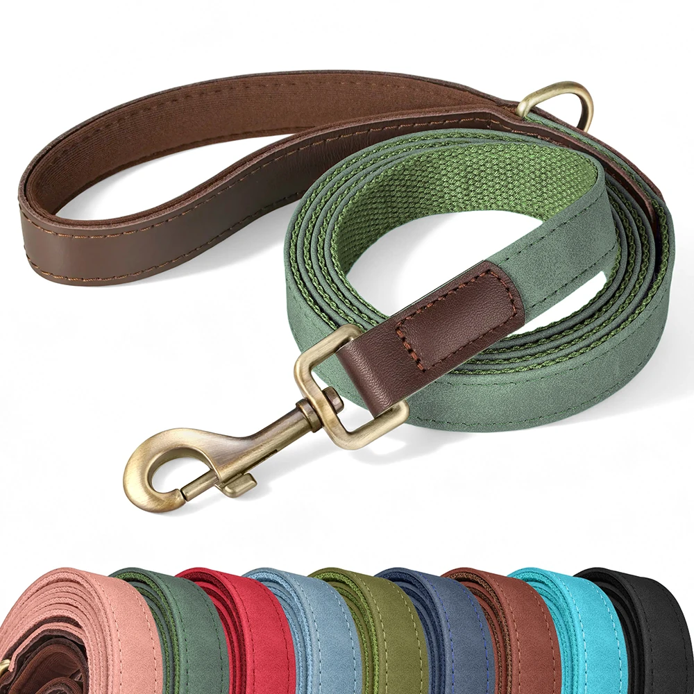 5ft Long PU Leather Padded Dog Leash Durable & Retro Pet Walking Leads Leashes Rope for Small Medium Dogs 9 Colors Available