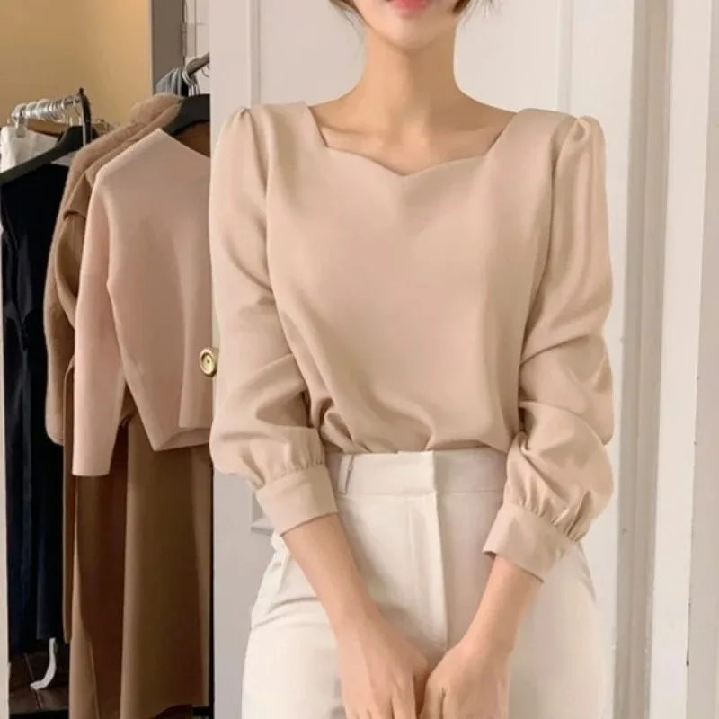 Elegant Square Collar Blouse for Women, Casual Loose Tops, Puff Sleeve, Simple Shirts, Spring and Autumn Fashion, 2024 New 8276