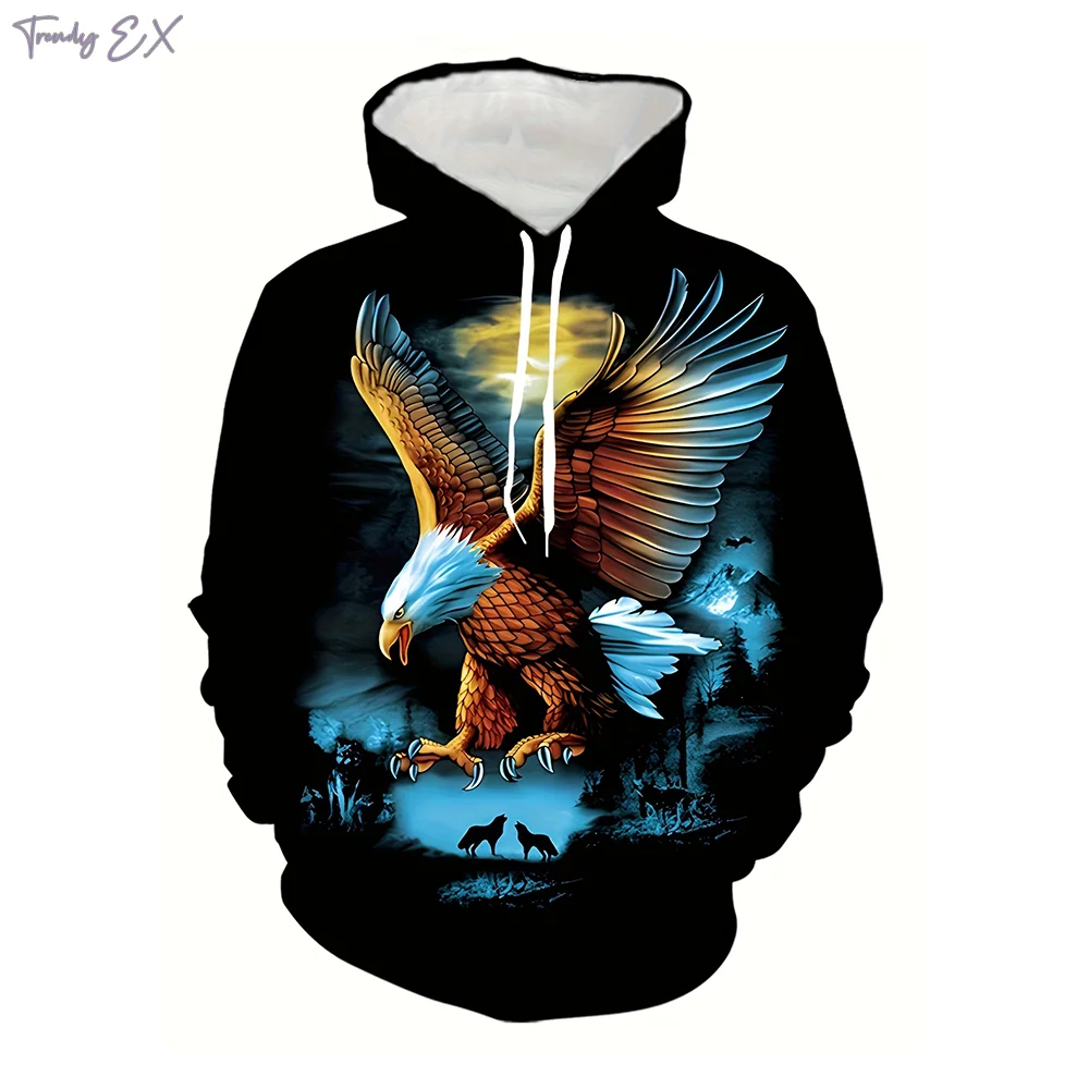 Sweatshirts for Men Stylish Loose Eagle Pattern Print Hoodie with Pockets Casual Slightly Stretch Long Sleeve New in Sweatshirts