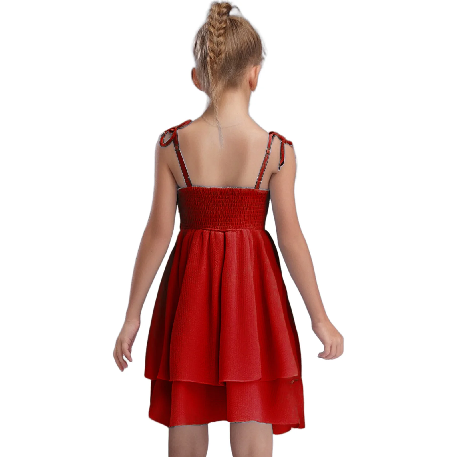 Girls Summer Smocked Double-Layer Dress Bow Adjustable Spaghetti Straps A-Line Dresses School Party Birthday Children Clothes