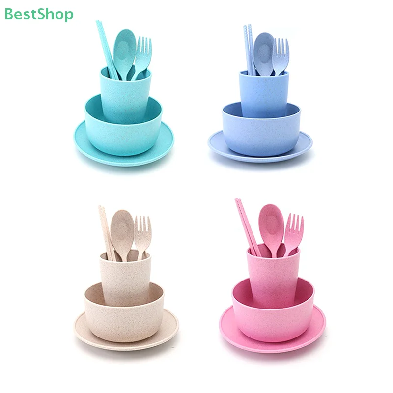 6 Pcs/Set Wheat Straw Baby Tableware Children Food Dishes Bowl Feeding Infant Learning Dinnerware Spoon Chopsticks Fork Cup New
