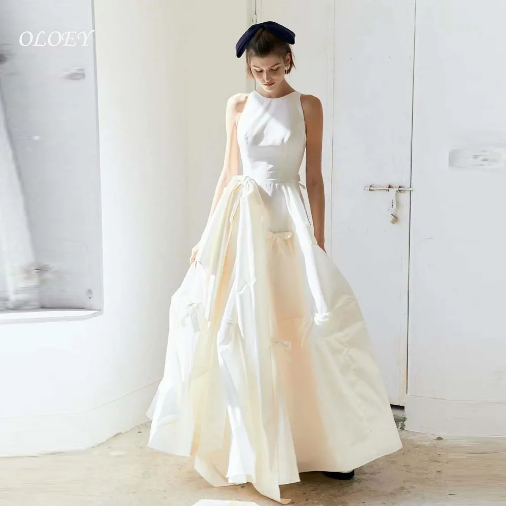 

OLOEY New Korea A Line Ribbons Wedding Dresses Korea Photo shoot O-Neck Silk Soft Satin Bride Gowns Formal Receiption Customized
