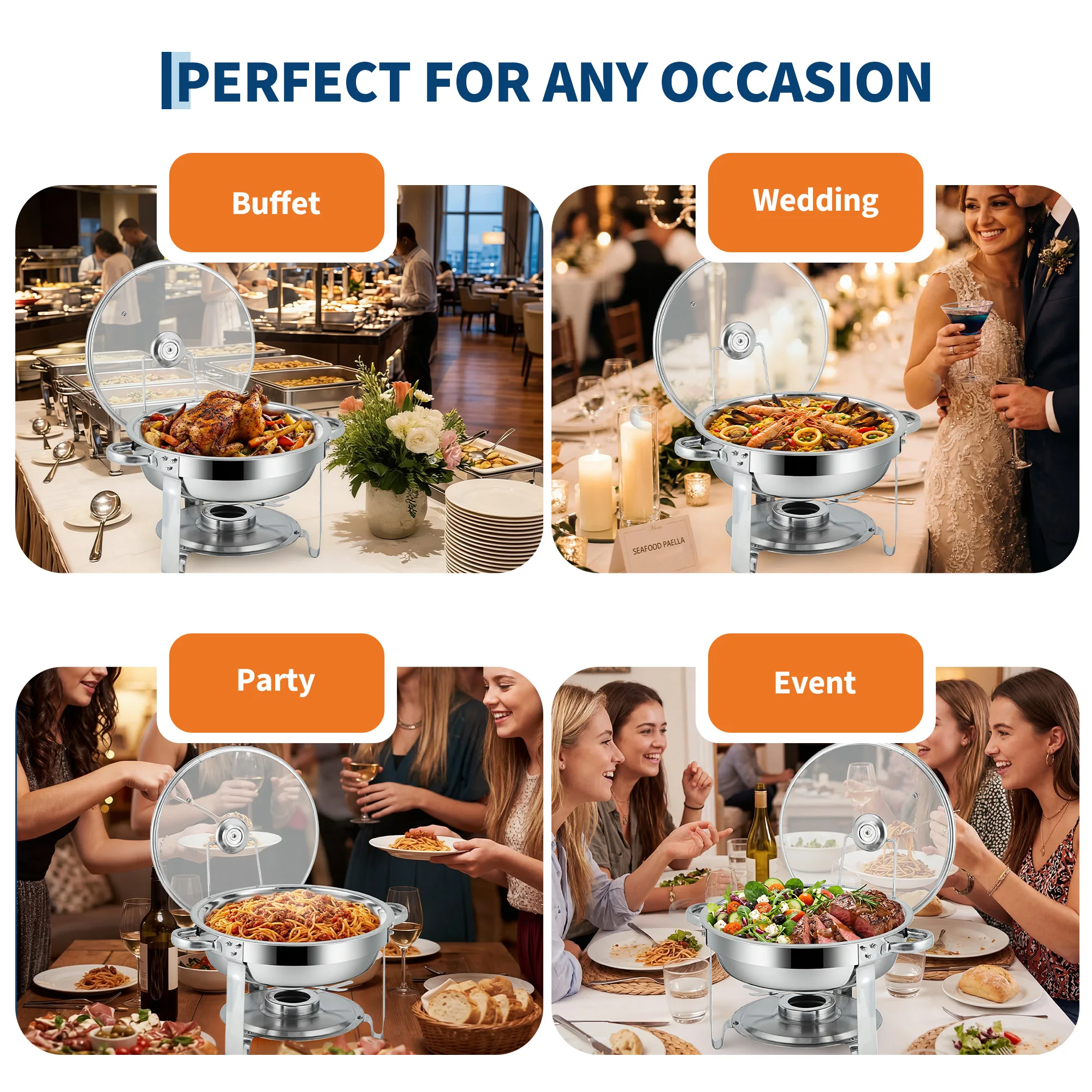 Chafing Dish Set, 2 Pack 6-Quart Round Stainless Steel Food Warmers with Lids, Golden Buffet Serving Stove for Catering, Hotel, Restaurant, Parties, Weddings, Events and Dinner Service