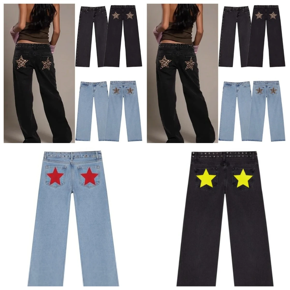 

Woman Jeans Vintage Five-Pointed Star Print High Waited Street Harajuku Baggy Jeans Women Clothing Casual Straight Denim Pants