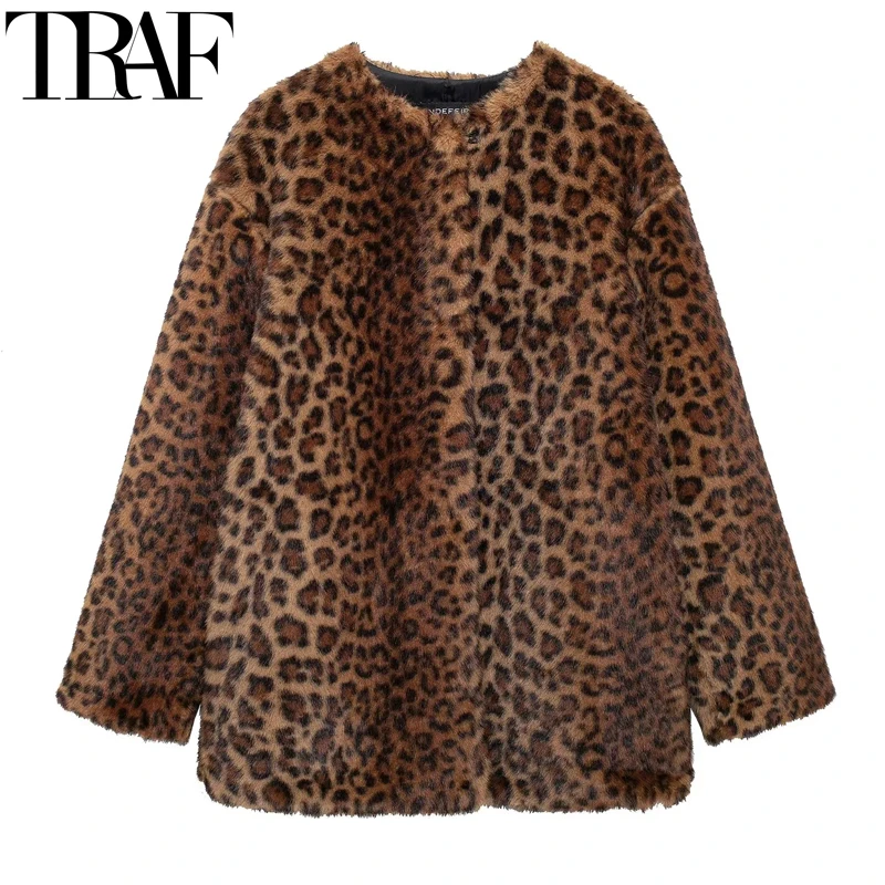 TRAF Parkas Womens Coats Winter Leopard Faux Fur Coat Warm Vintage Autumn Plush Jacket Outerwear Long Sleeve Furry Coats Woman