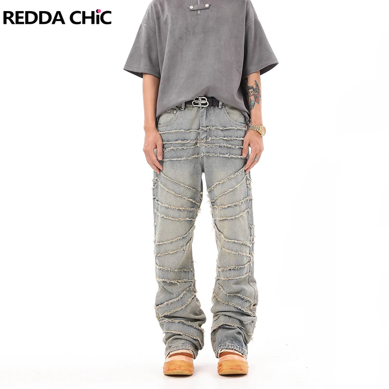 

REDDACHIC Creative Tassels Hip Hop Jeans Men Casual Frayed Raw Edge Patchwork Vintage Y2k Pencil Pants Korean Punk Streetwear