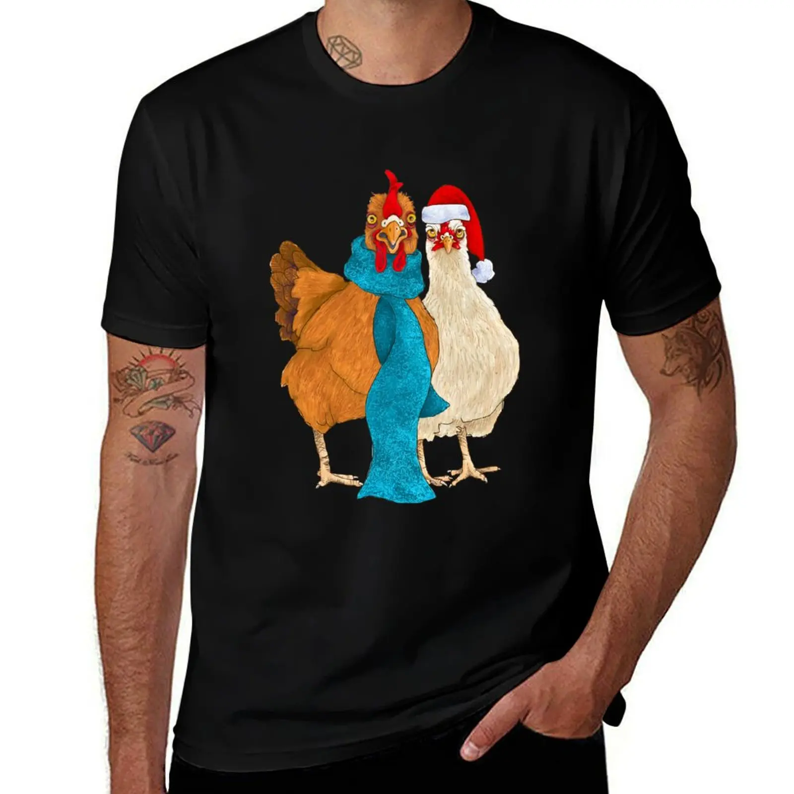 Silly Chickens in Scarves and Santa Hats T-Shirt anime custom shirt cute tops mens designer t shirt