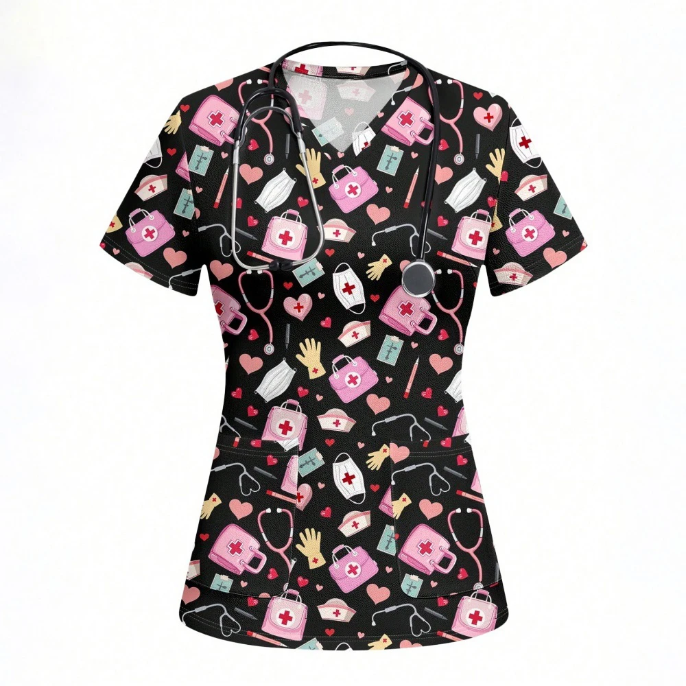 

Hospital Nurse Uniforms Women Medical Uniform Print Scrub Top Silk Dental Clinic Work Clothes Mens Scrubs Short Sleeved Jacket