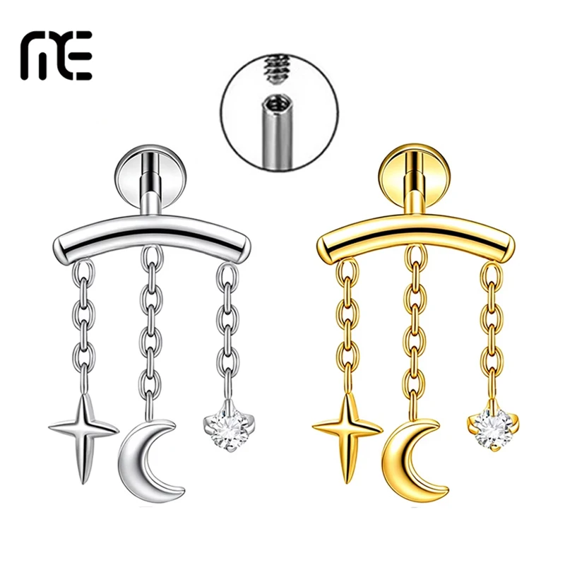 1PC F136 Titanium Internally Threaded Flat Back Earrings Stud Dainty Star Moon CZ Dangle Cartilage Earrings Piercing Jewelry