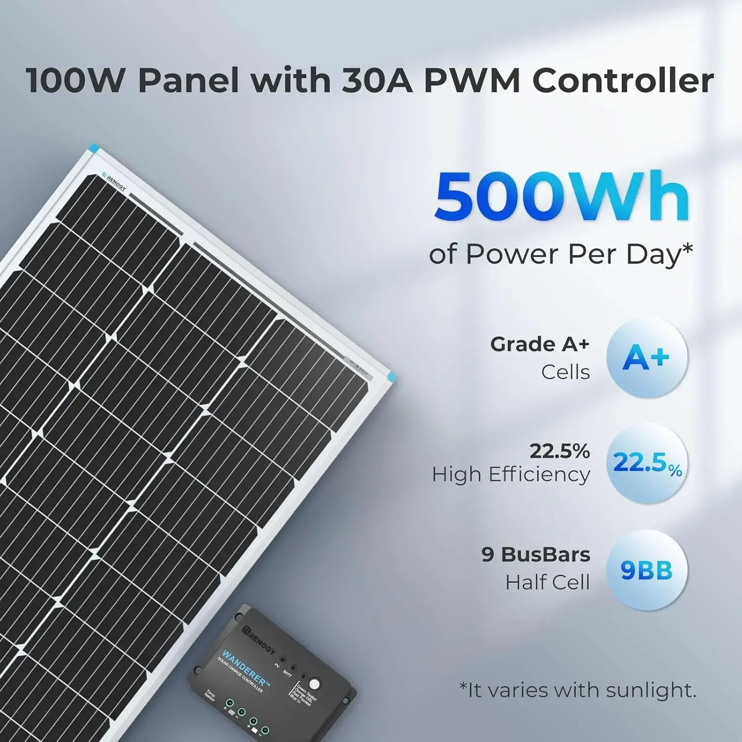 

100 Watt 12 Volt Solar Panel Starter Kit with 100W Monocrystalline Solar Panel + 30A PWM Charge Controller