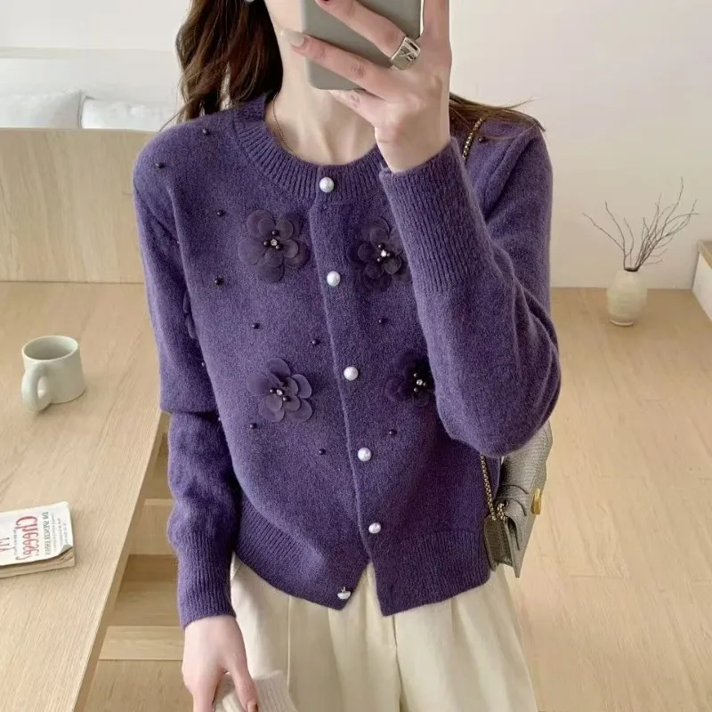 

2025 Spring Long Sleeve Knitted Cardigan Women's Korean Vintage O-Neck Peading Flower Sweater Jacket Mujer Tops Knitwear Jumpers