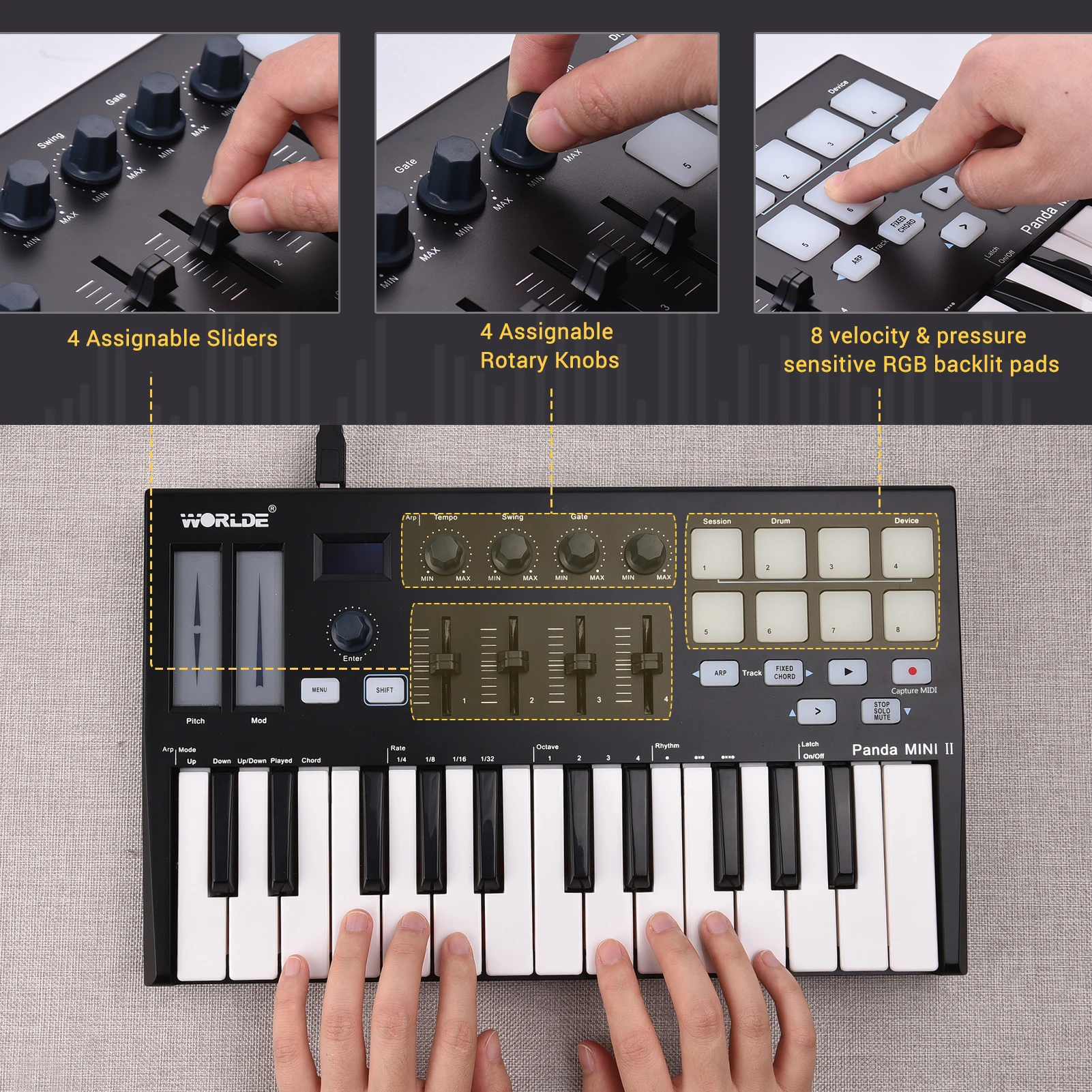 WORLDE Panda MINI II 25-Key USB MIDI Keyboard Controller MIDI Controller Keyboard Piano 8 RGB Backlit Trigger Pads Midi Pad