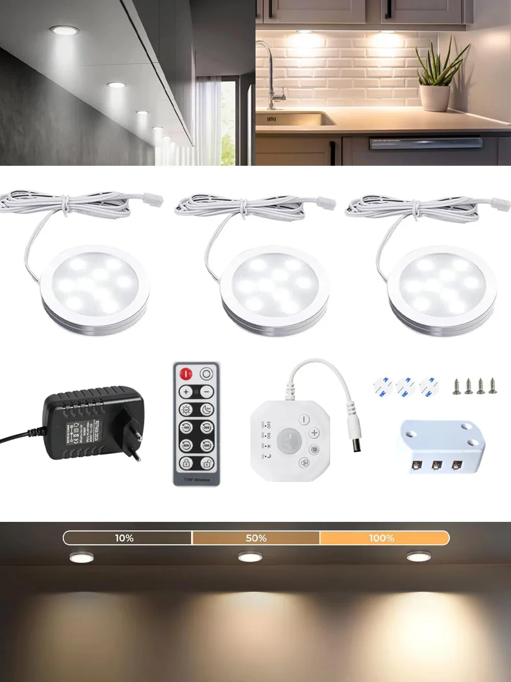 Lumière LED ronde sous-meuble 12V, capteur de mouvement PIR, pour meubles, garde-robe, cuisine, vitrine, blanc chaud, marche/arrêt automatique avec télécommande