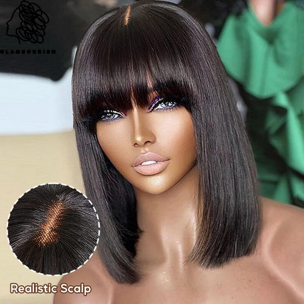 Short Bob Wigs with Bangs Straight Human Hair Natural Scalp Lace Part Bob Wigs Brazilian Wigs With Bangs Handmade Lace Top Wigs