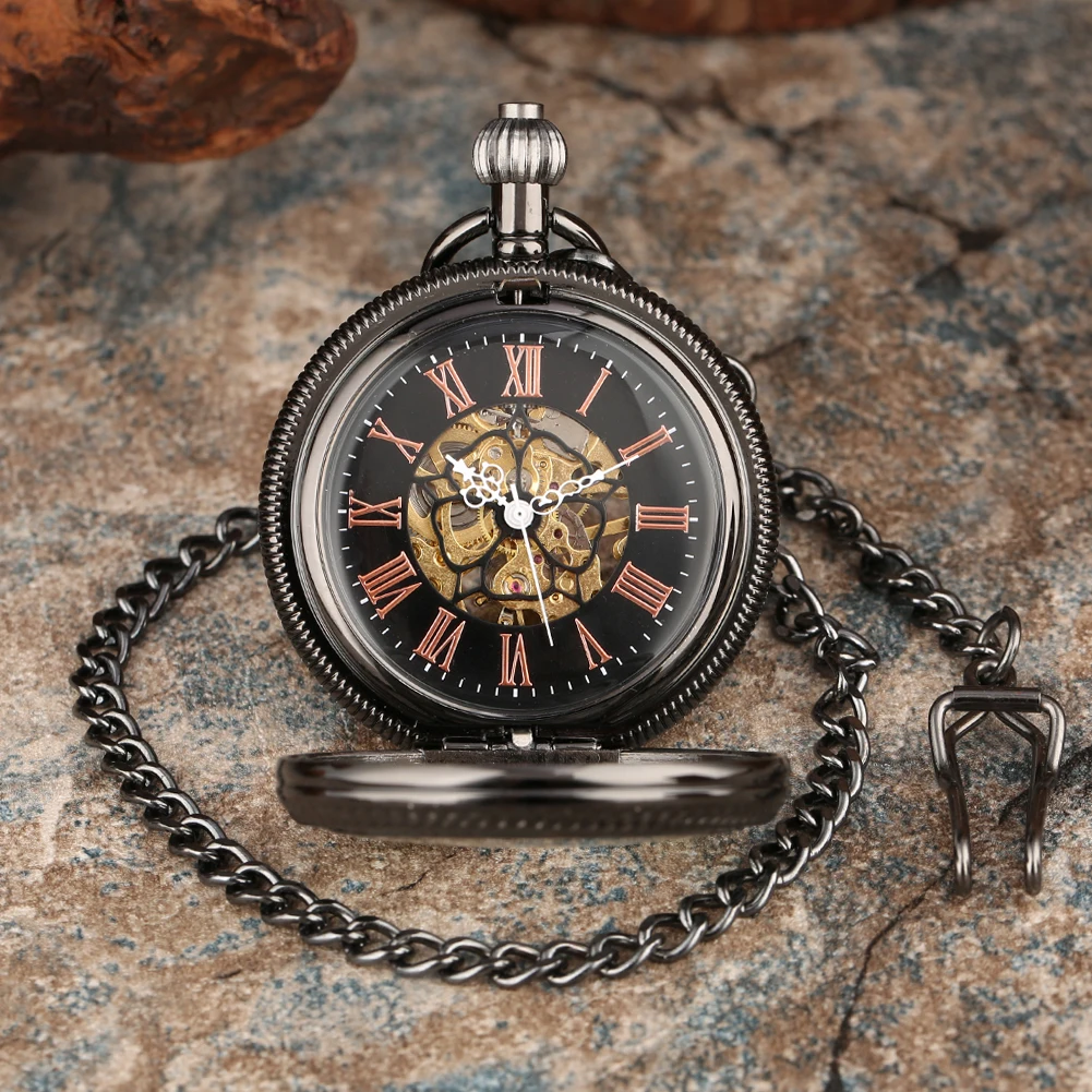 Retro Black Transparent Glass Manual Mechanical Pocket Watch 30 cm Fob Chain Pendant Pocket Clock Roman Numerals Dial Timepiece