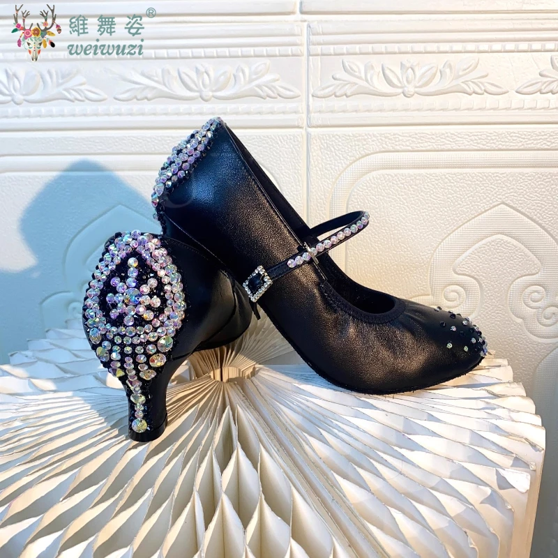 Latin Dance Heel Diamond Schuhe für Damen Senior AB Stones Walzer Social Dance Schuhe Mädchen Moder Ballsaal Latein Schwarz Pool Schuhe