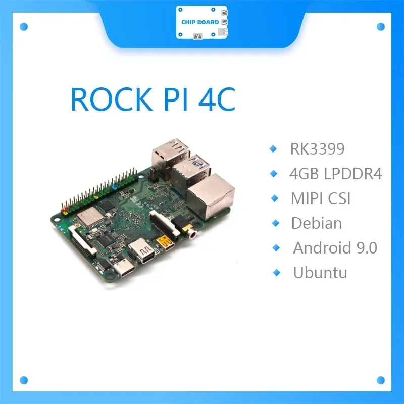 ROCK PI 4C Rockchip RK3399 4GB LPDDR4 Mali T860MP4 SBC Single Board Computer Compatible with Official Raspberry Pi Display AI