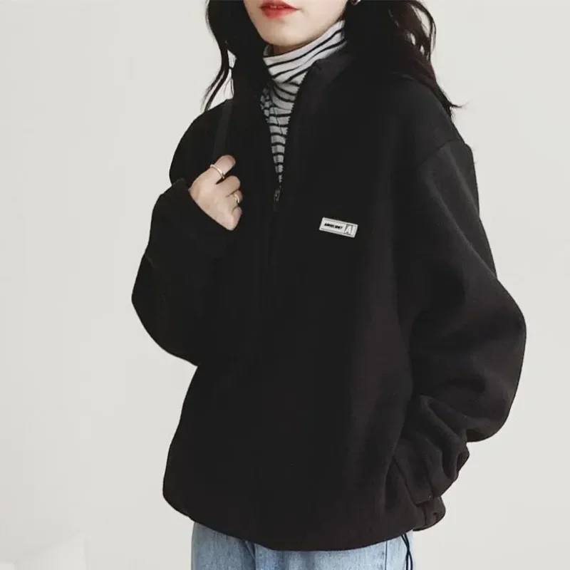 Female Top Autumn and Winter Baggy Full Zip Up Pullovers Loose Cold Women\'s with Zipper Sweatshirts Warm Fleece Plain Thick Coat