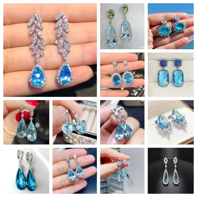 2026 New Sea Blue Zircon High End Women's Geometric Earrings Design Elegant Atmosphere Jewelry for Attending Banquets