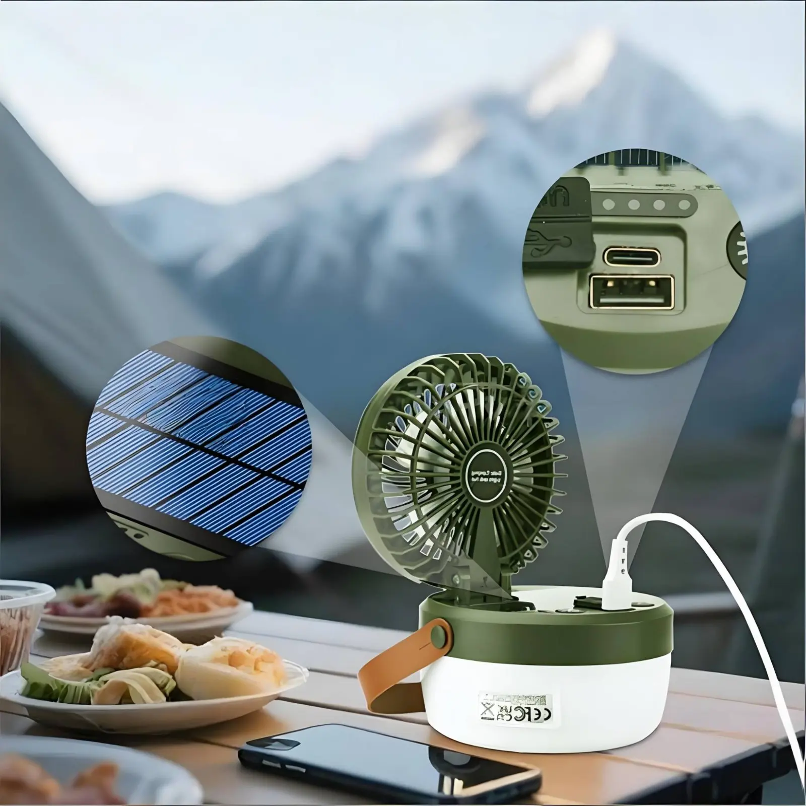 Solar Camping Fan Lantern Power Bank Function Battery-Operated Lantern with Fan Outdoor Gear Hanging Handle for Campers
