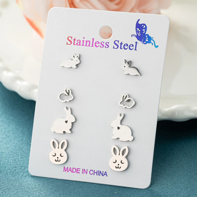 4 Paare/los Schöne Edelstahl Kaninchen Stud Ohrringe Frauen Mode Bunny Ohrringe Tier Schmuck Mädchen Party Jahrestag Geschenk