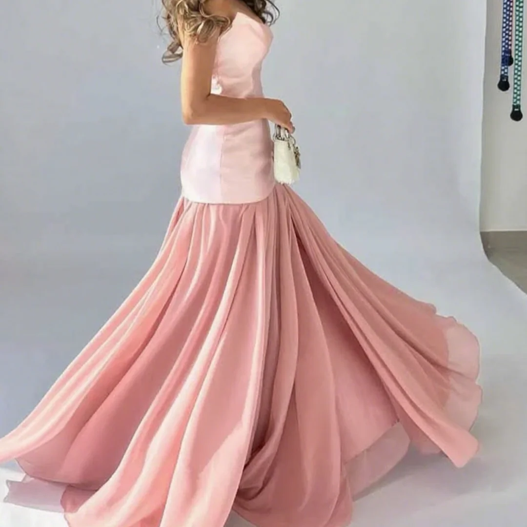 Vestido de noche de satén y gasa con vaina/columna, vestidos de fiesta de ensueño para damas, vestido rosa sin tirantes fruncido para eventos especiales