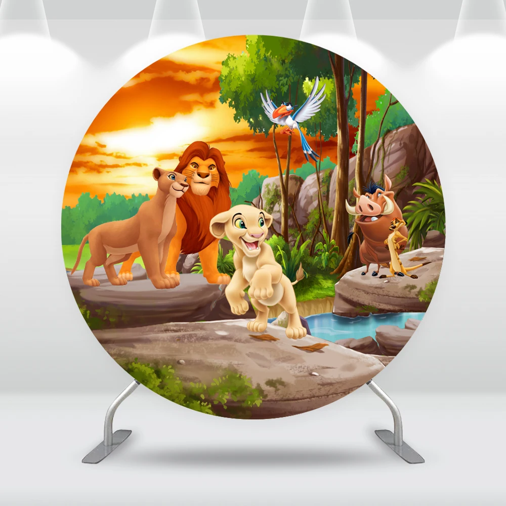 Cartoon Sunset Lion King Round Circle Backdrop Cover Simba Baby Shower Birthday Background Decor Supplies  Banner Elastic