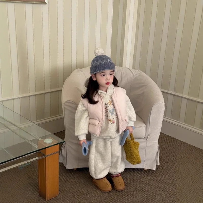 

Детский зимний костюм: новый корейский стиль, мультяшный, милый, вельветовый, с капюшоном, для девочек