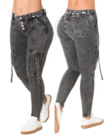 महिलाओं के लिए फैशनेबल वॉश ब्लैक और ग्रे फ्रंट बटन सजावटी स्ट्रैप, स्ट्रेच स्लिम बट टकिंग कैज़ुअल नाइन-पॉइंट जींस 8 best sales ग्रे पैंट - №6