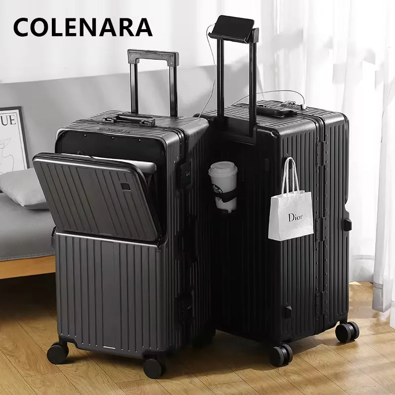 COLENARA-Grande Capacidade Alumínio Quadro Bagagem Carrinho, Universal Tipo Travel Bag, Trolley Case, USB Carregamento Mala, 26 "28" 30"