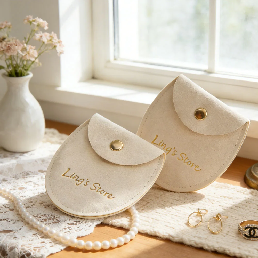 

50pcs Custom logo Cream Microfiber Button Pouch Small Suede Bags Necklace Earring Jewelry Christmas Wedding Gift Packaging Pouch