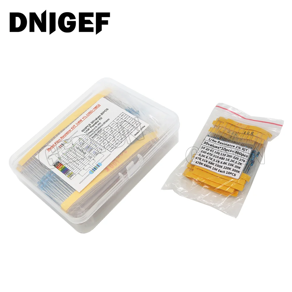30 Kinds 1/4W Resistance 1% Metal Film Resistor Pack Assorted KIT Set1K 10K 100K 220ohm 1M Resistors 300/600PCS/Set