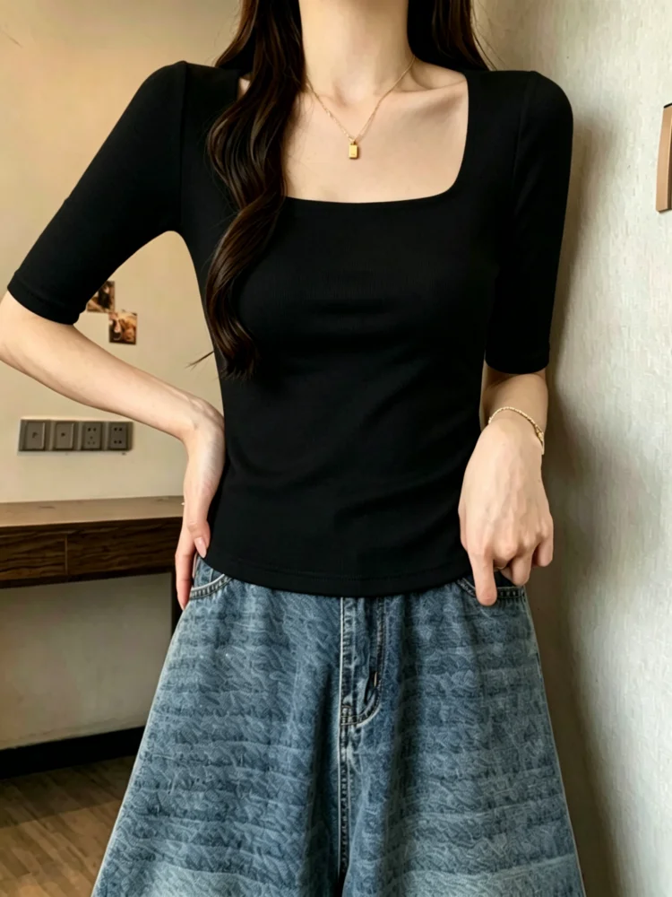 95 Cotton Square Collar mid Sleeve T Shirt Women plus Size Slimming Top Shoulder Width Regular Summer Casual Comfortable
