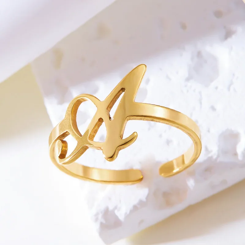 Anillos con letras iniciales para mujer, anillo ajustable con letras de A-Z de acero inoxidable de Color dorado, joyería estética para boda y Navidad, regalo