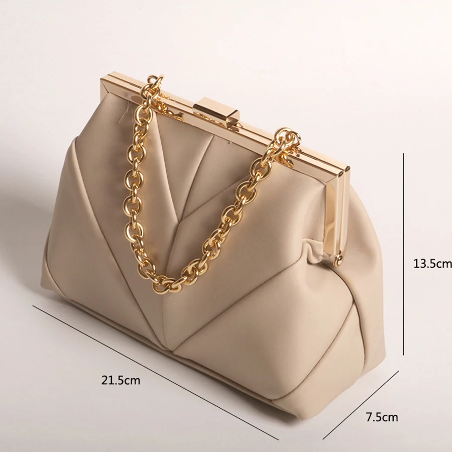 Matallic PU Leather Elegant Handbags V Pleated Kiss-Lock Closure Evening Bag Thick Chain Clutch Purse Shoulder Crossbody Bags