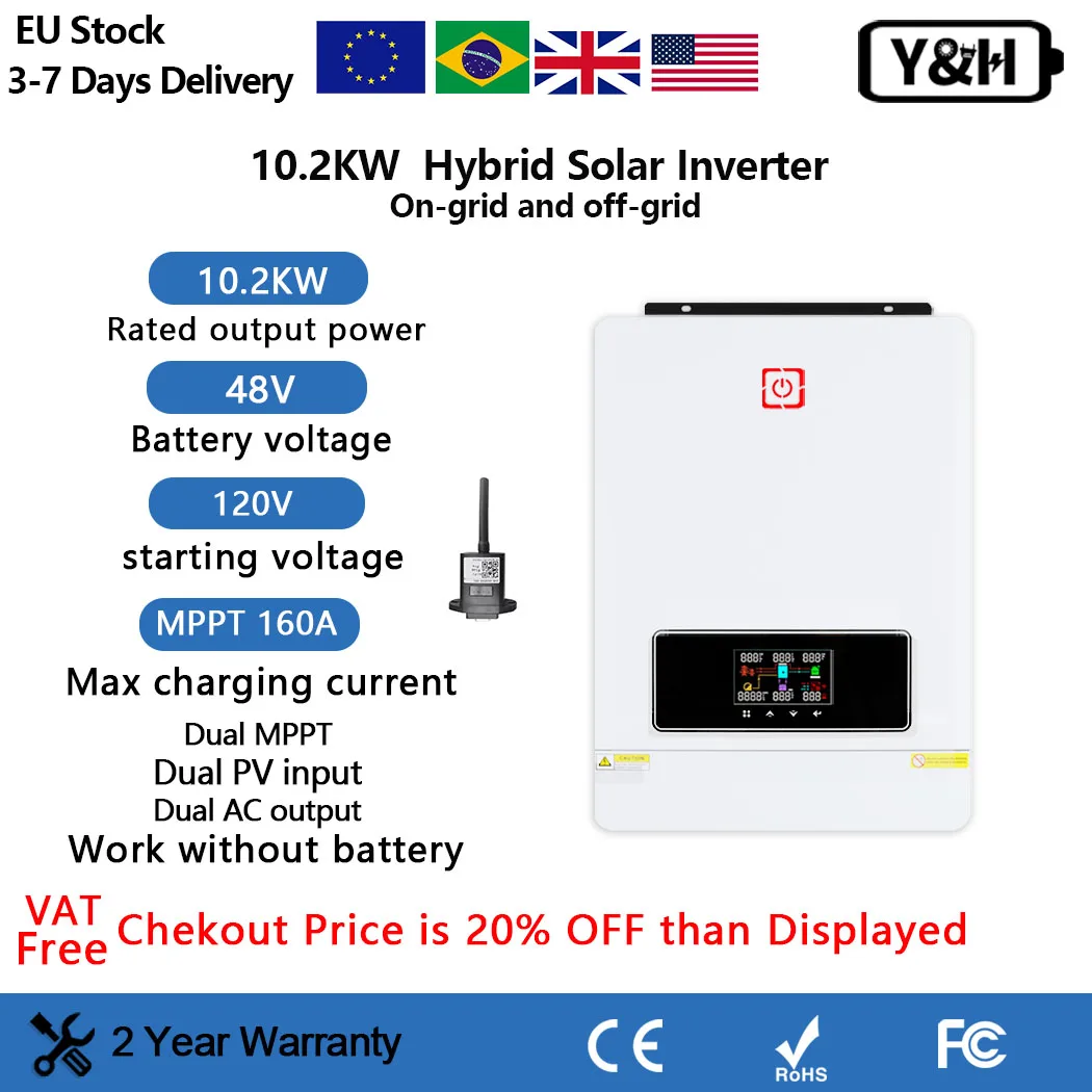 Y&H 10.2KW Hybrid Solar Inverter 48V 230V Dual MPPT 160A Max PV 500V Pure Sine Wave Inverter Solar  Charge Controller