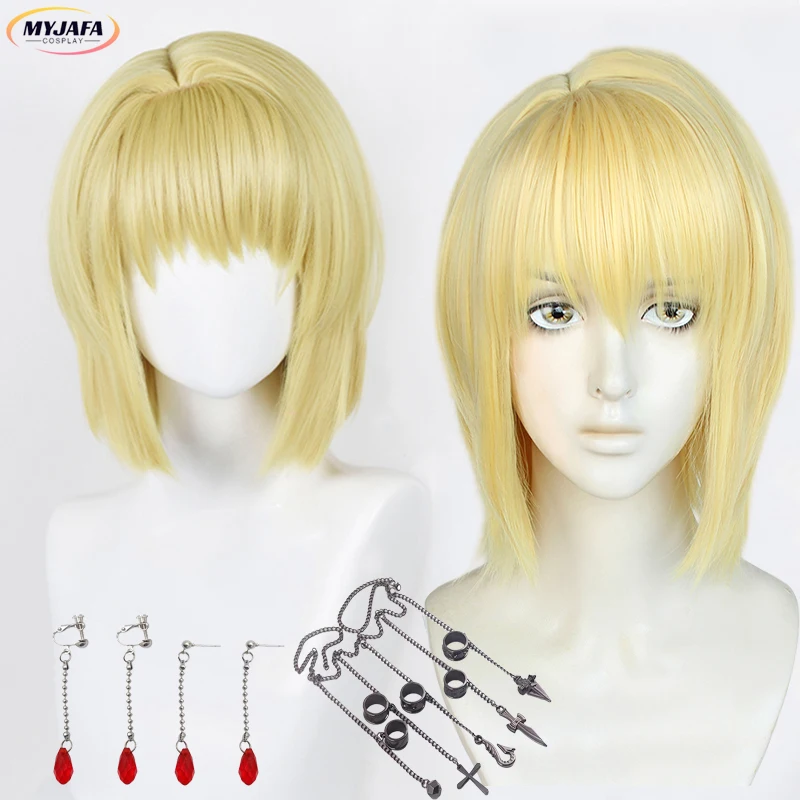 

Kurapika Cosplay Wig Anime Kurapika Kurta Short Golden Rings Earrings Prop Heat Resistant Synthetic Hair Party Wigs + Wig Cap