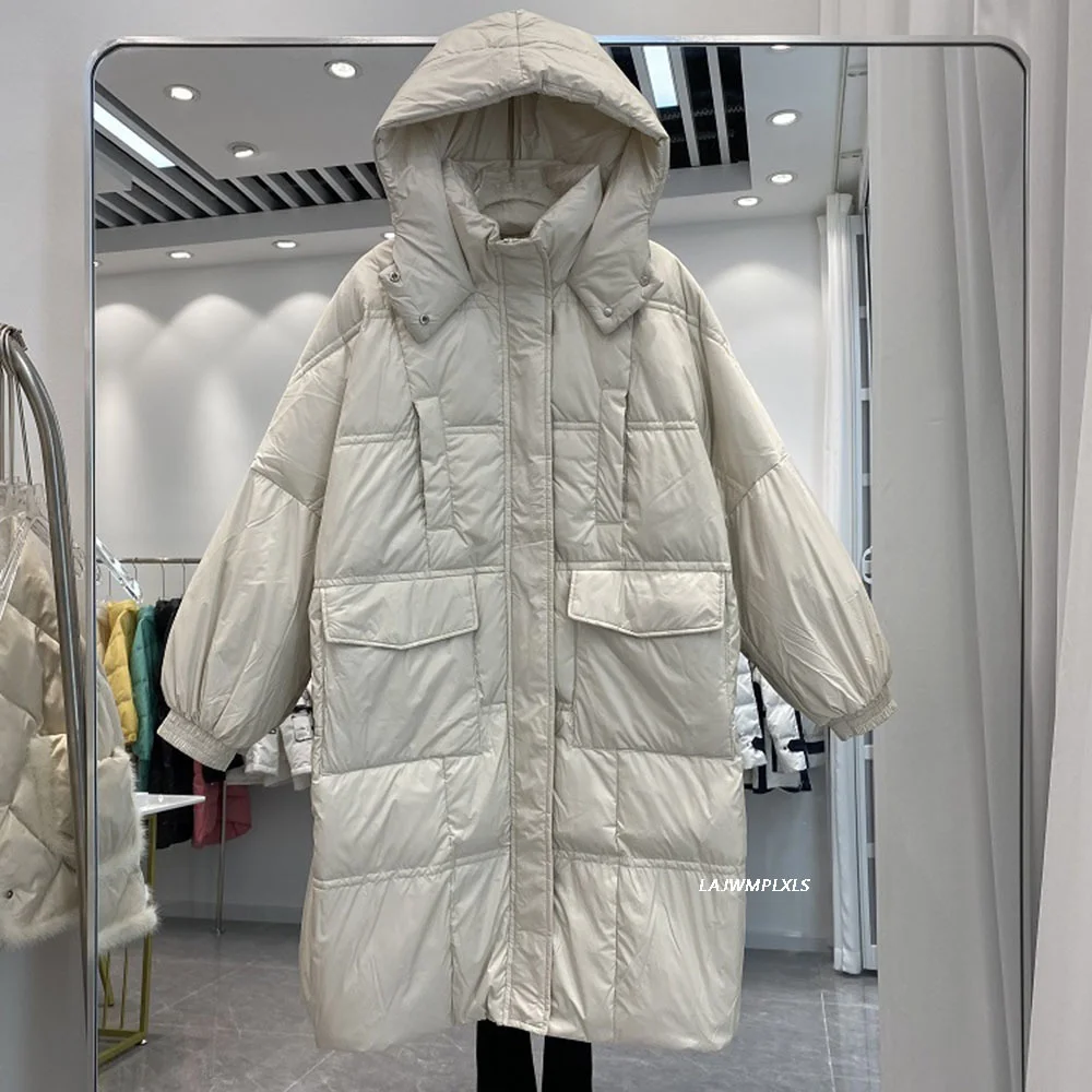 Moda para baixo parkas nova jaqueta feminina solta com capuz longo casaco de inverno quente d roupas outerwear