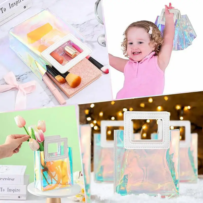 Holographic Gift Bags Waterproof Small Gift Bags Clear Reusable Birthday Gift PVC Bag For Women Girl Iridescent Christmas Gift