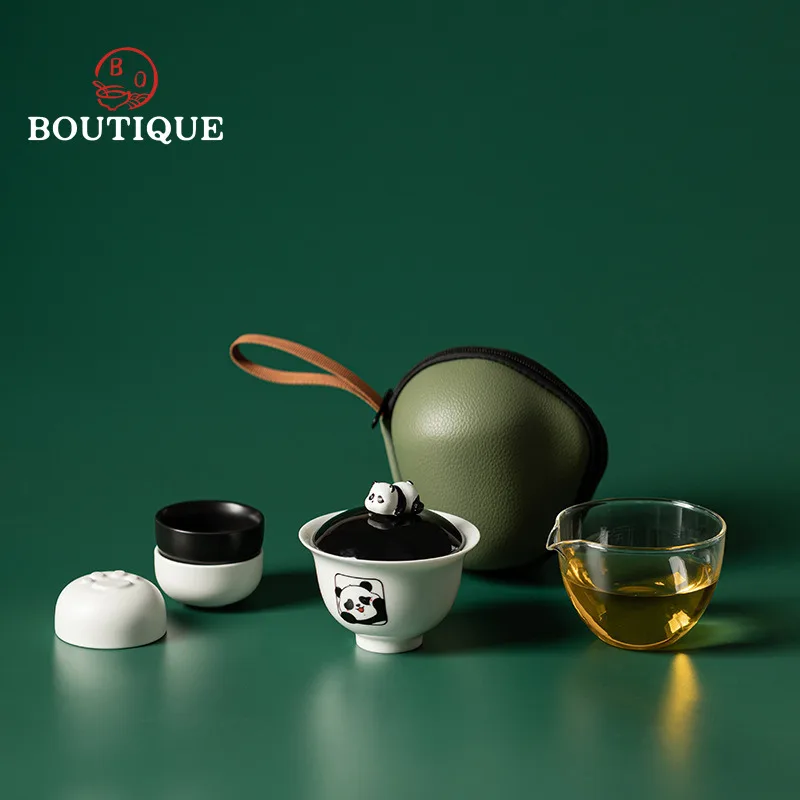 Yishi Talk Panda Travel Set Cartoon Ceramic Gaiwan Tea Portable One Bowl Two Cups Outdoor Quick Guest Cup