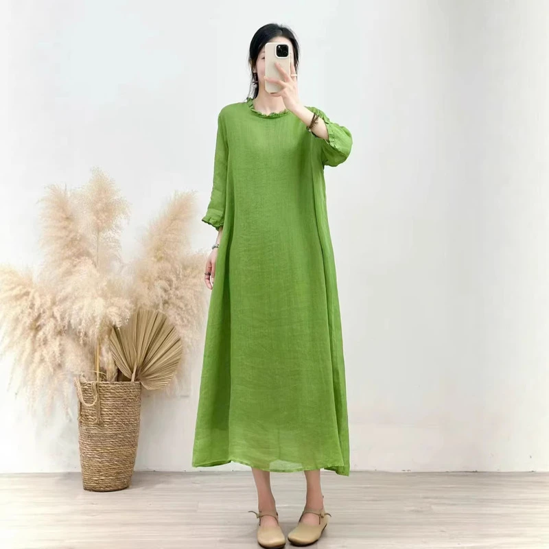 Summer Maxi Dress Women 2026 New Solid Boho Beach Dress Ladies Evening Party Long Dress Ramie Fungus Edge Double-layer Dress