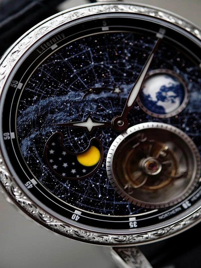 Watch Custom Fashion Niche Starry Sky Earth Moon Phase Moving Tourbillon Automatic Mechanical Watch Luminous view 2