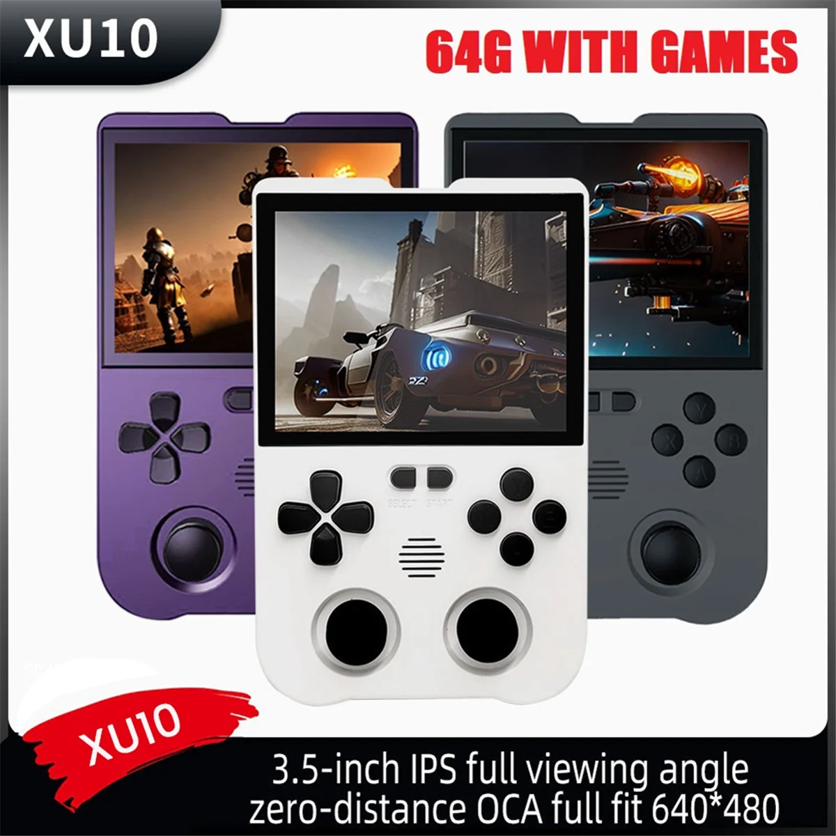 Xu10-retro console de jogo com 3, 5 polegadas tela ips, 64g arcade, joystick duplo, 3d, rk3326s, 64 bits, 3000mah, roxo