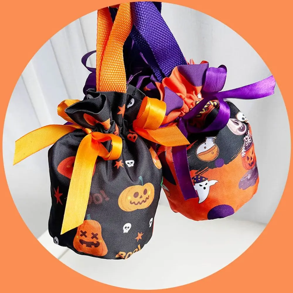 Handheld Halloween Candy Tote Bag Pumpkin Pattern Design Drawstring/Snap Button Halloween Gift Handbag Lightweight Portable